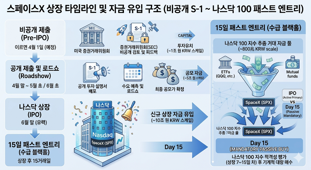 스페이스X 상장 타임라인 및 나스닥 100 패스트 엔트리 자금 유입 구조