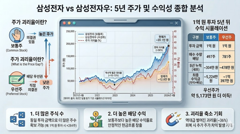 삼성전자 보통주와 우선주 주가 괴리율 36% 비교 차트