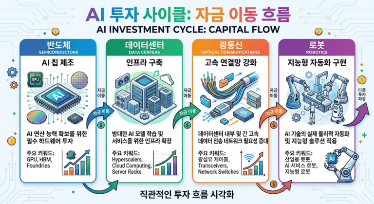 AI 투자 사이클 단계별 흐름도 - 반도체부터 피지컬 AI 로봇까지
