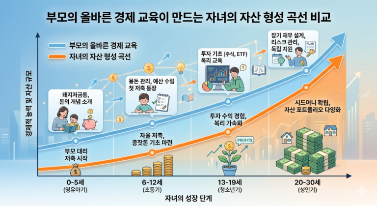 자녀 경제 교육 방식에 따른 자산 형성 비교 차트