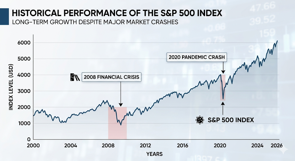 위기를 극복하고 장기 우상향하는 미국 S&P 500 지수의 20년 역사적 차트