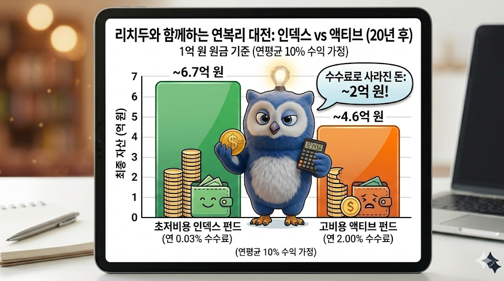 S&P 500 인덱스 펀드와 일반 펀드의 수수료에 따른 장기 복리 수익률 비교 차트