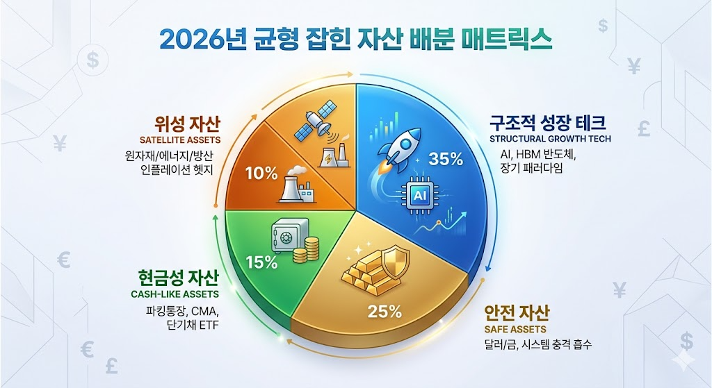 2026년 투자 전략을 위한 안전 자산, 성장 테크, 위성 자산 배분 파이 차트