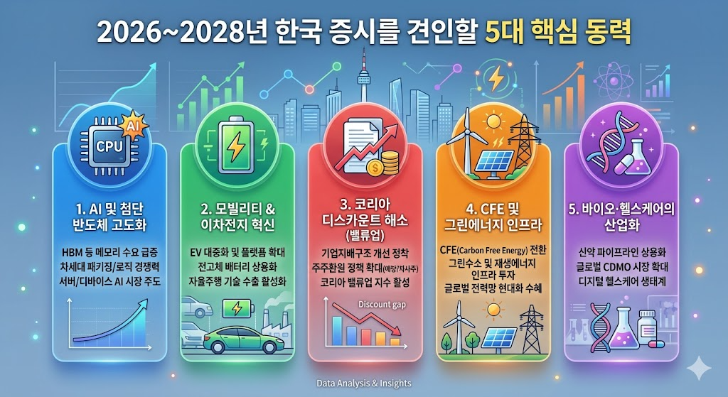 반도체 슈퍼사이클, MSCI 선진국 편입, 밸류업 정책 등 한국 증시 상승 동력 요약 이미지