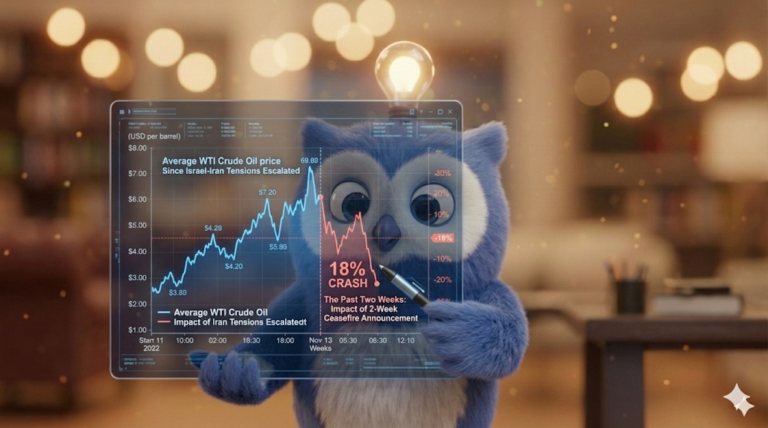 이란전 개전 이후 WTI 유가 변동 추이와 이번 2주 휴전 발표 시점의 18% 급락 차트 비교