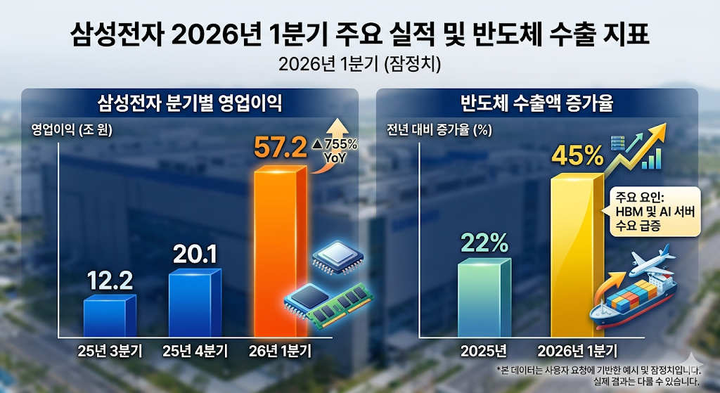 2026년 1분기 삼성전자 영업이익과 반도체 수출액 증가율을 보여주는 막대 그래프 