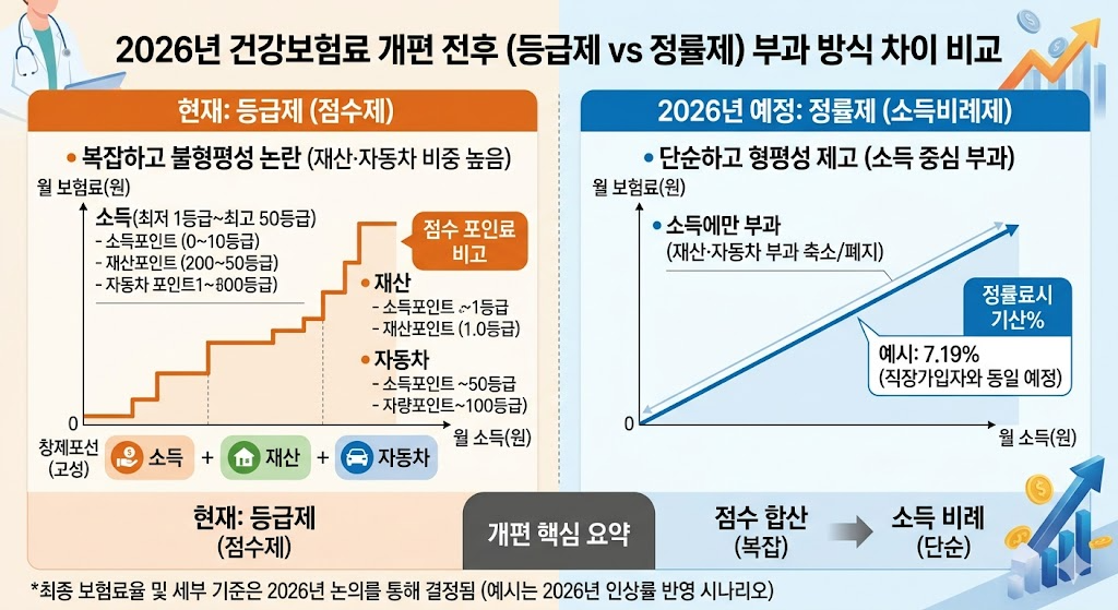 2026년 건강보험료 개편 등급제 정률제 차이점 비교 차트