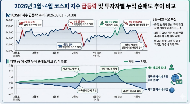2026년 3월 폭락장과 4월 반등장 코스피 지수 및 개인 투자자 5조 역대급 매도세 분석 차트