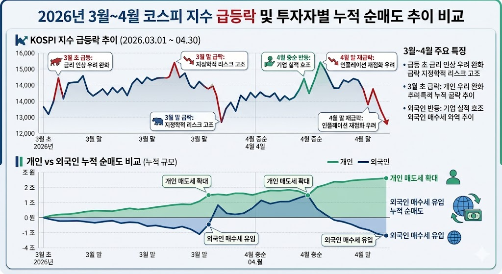 2026년 3월 폭락장과 4월 반등장 코스피 지수 및 개인 투자자 5조 역대급 매도세 분석 차트