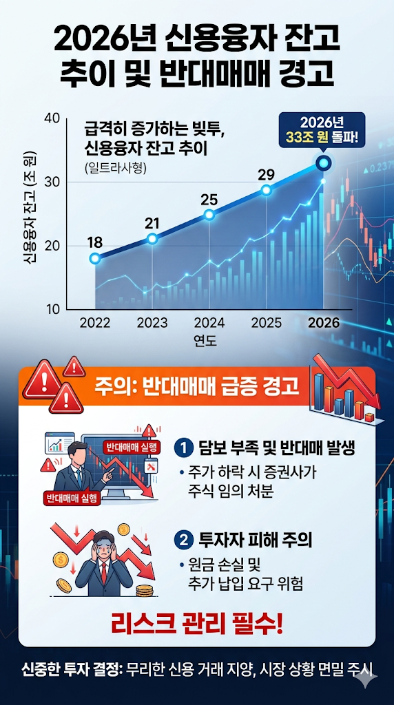 2026년 증시 빚투 신용융자 잔고 33조원 돌파 및 반대매매 리스크 시각화 자료