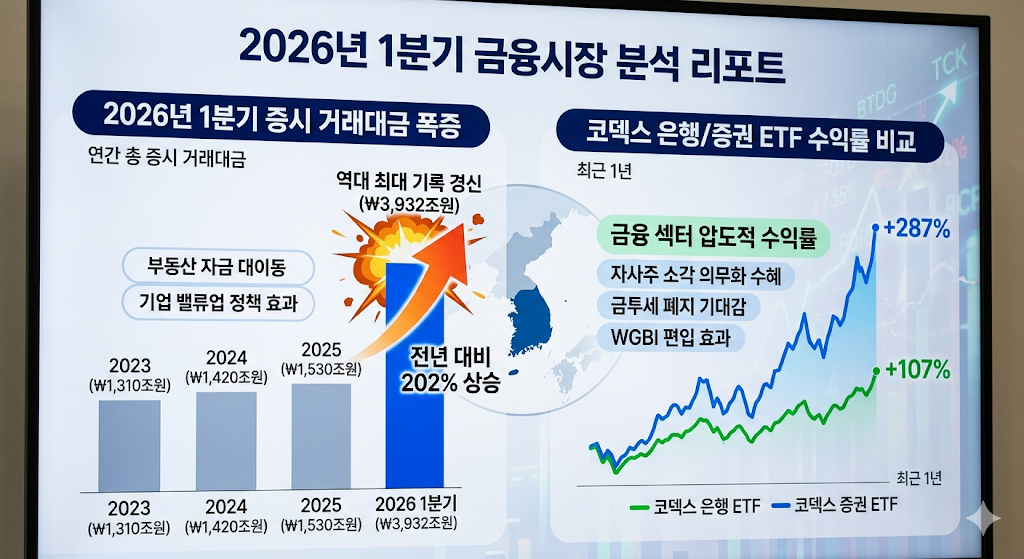 2026년 1분기 주식 거래대금 및 은행주 증권주 ETF 수익률 107%, 287% 급등 그래프
