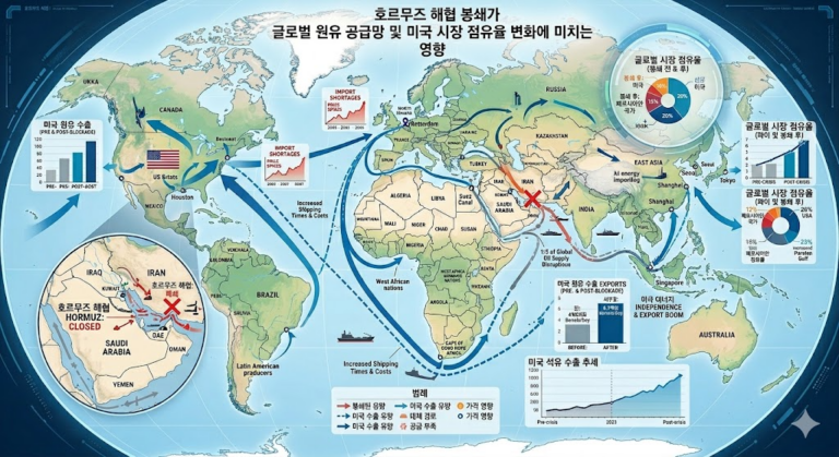 호르무즈 해협 봉쇄가 글로벌 원유 공급망에 미치는 영향 및 미국산 석유 점유율 변화 지도