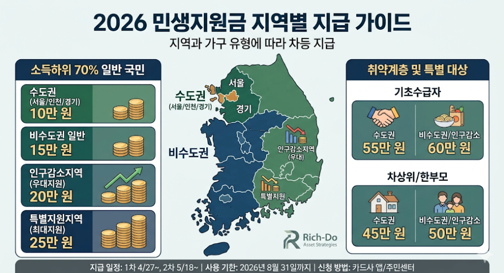 2026 민생지원금 신청 대상 및 지역별 지급액 요약 지도