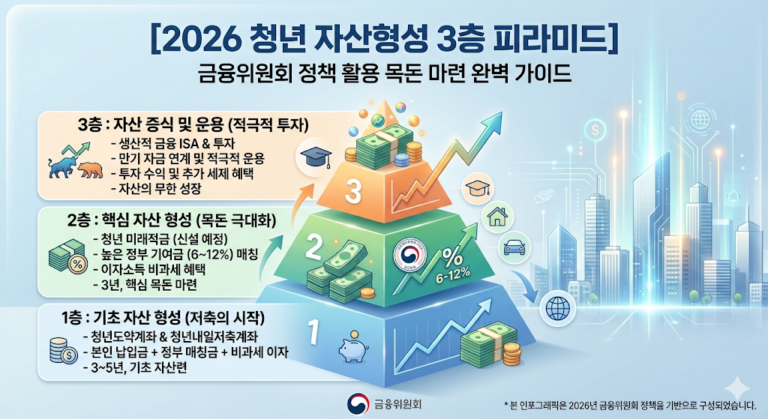 청년미래적금을 1층으로 하는 2026 직장인 3층 재테크 황금 포트폴리오 구조도