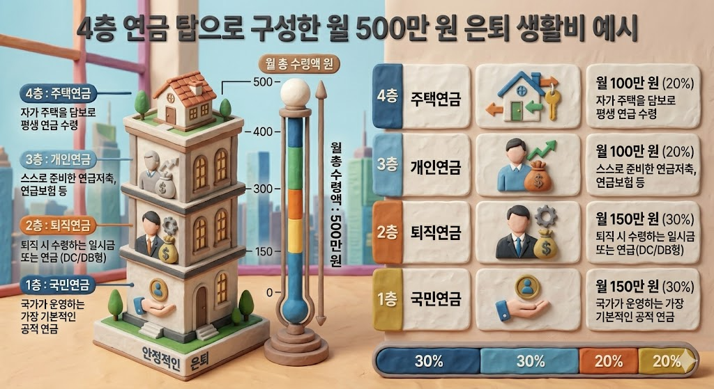 기초연금 수급자격 및 월 500만 원 평생 연금 포트폴리오 구성 비율표
