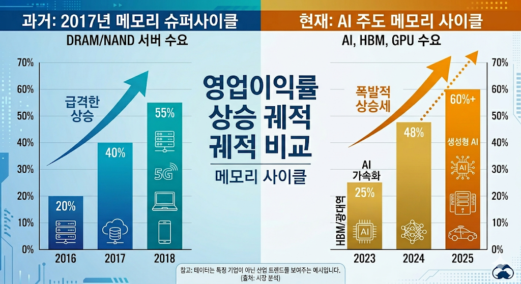 반도체 주가 전망을 보여주는 과거와 현재의 메모리 슈퍼사이클 영업이익률 비교 차트