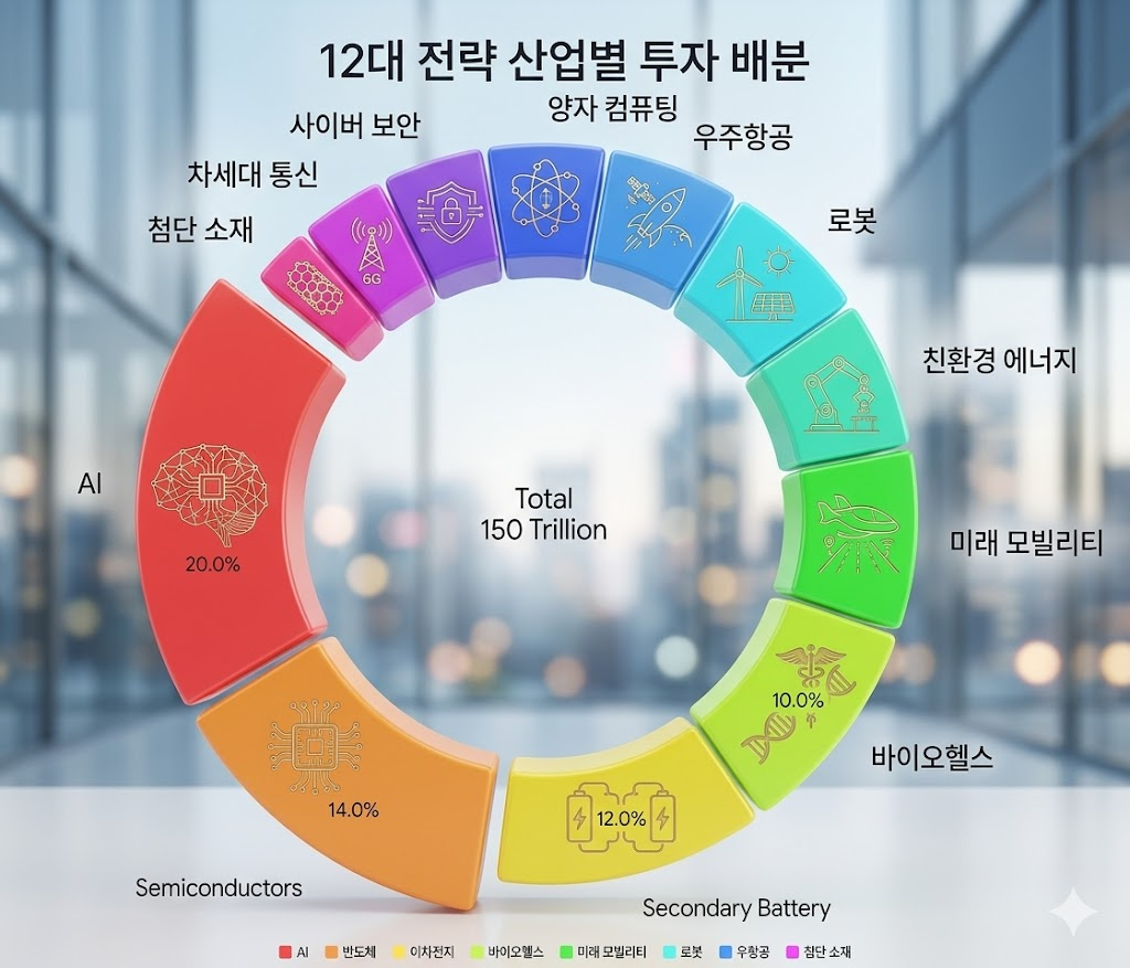 국민성장펀드 150조 산업별 배분 및 AI 반도체 집중 수혜 비중 차트