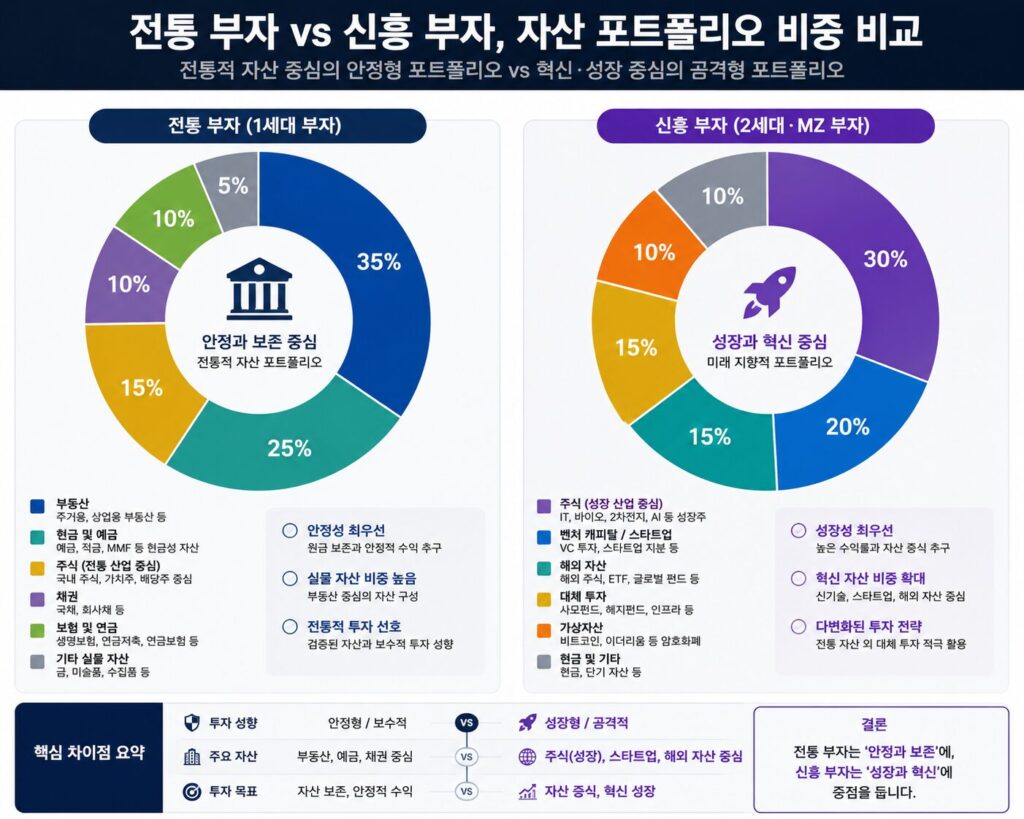 한국 부자 되는 법, 신흥 부자와 올드리치의 자산 배분 포트폴리오 비교 차트 인포그래픽
