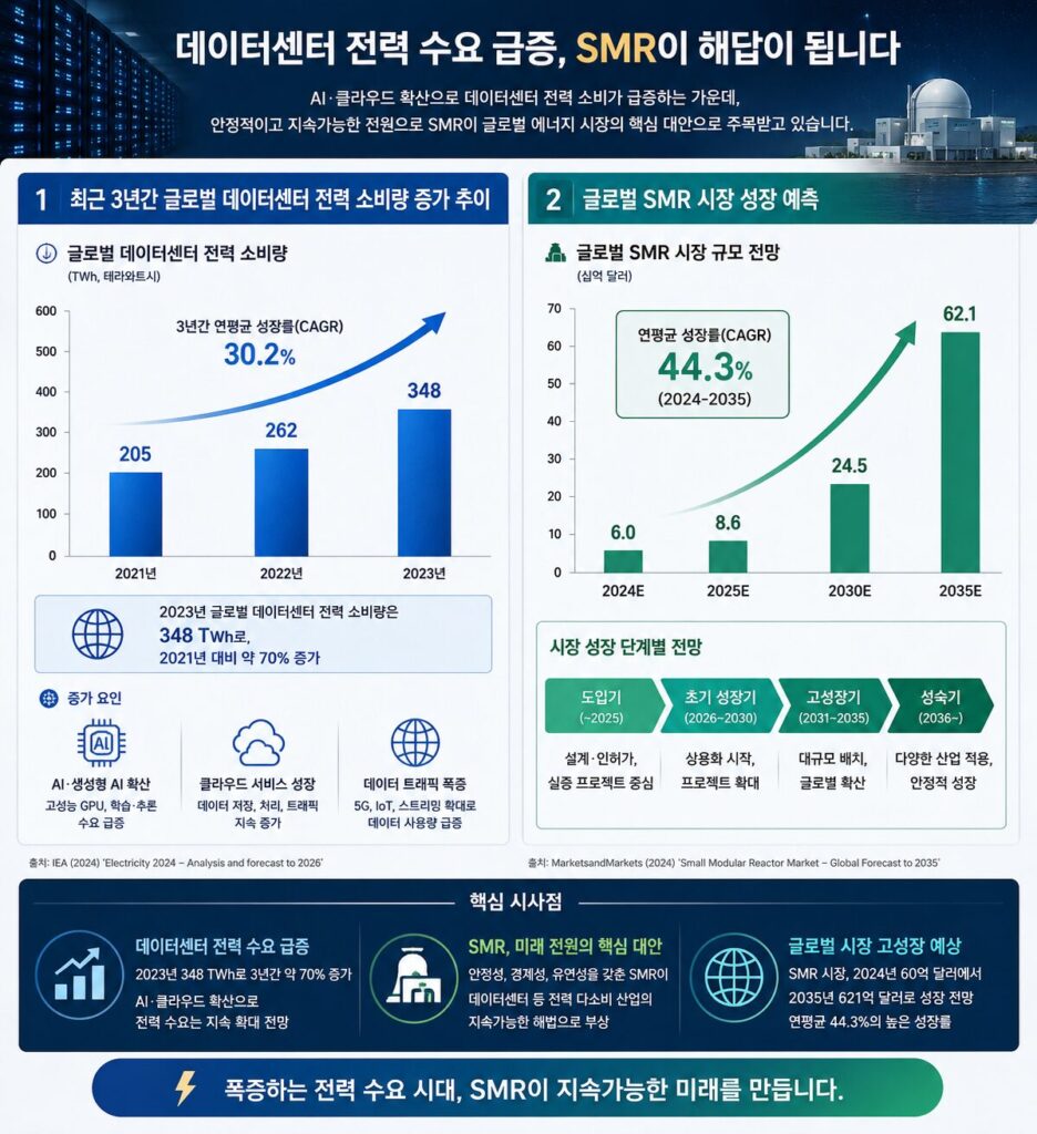 AI 거품 붕괴 우려 속 급성장하는 데이터센터 전력 소비량 및 SMR 원자력 시장 차트