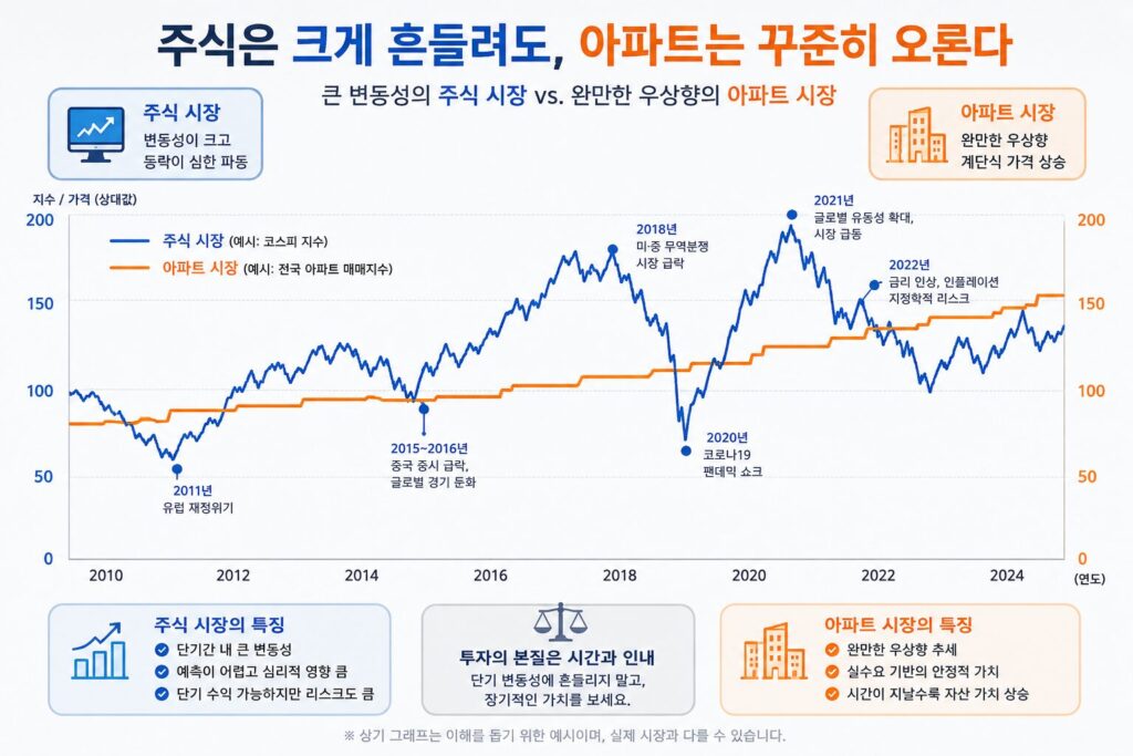 직장인 재테크 성공을 위한 주식과 부동산 변동성 리스크 비교 차트