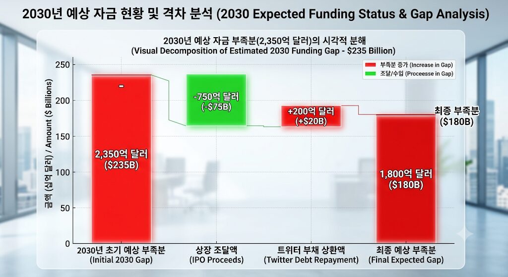 스페이스X IPO 조달 자금 사용처 및 2030년 현금 부족분 분석 차트