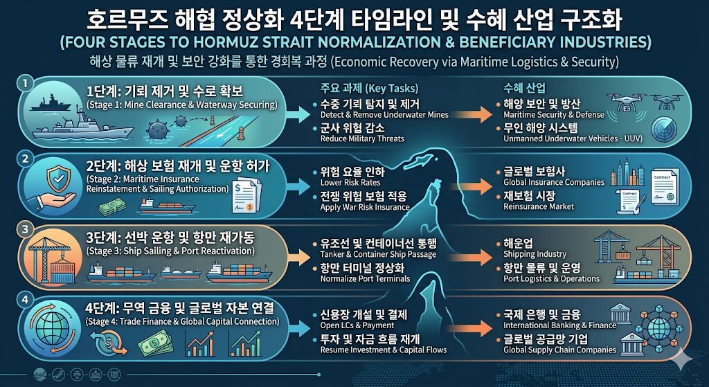 호르무즈 봉쇄 해제 수혜주 4단계 정상화 프로세스 분석표