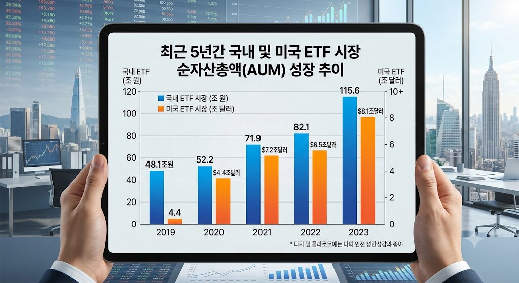 ETF 고르는 법의 기초가 되는 국내외 ETF 시장 순자산총액 성장 데이터 차트