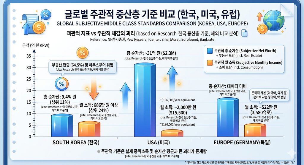 한국 중산층 기준과 미국, 유럽의 주관적 인식 비교 인포그래픽